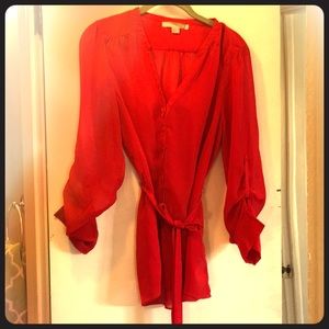 Sheer long sleeve button down red blouse